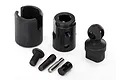 Traxxas TRX-4 steel transmission or differential output set including metal output cups, a ball end, screws, and pins on a white background.