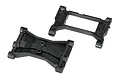Two black plastic Traxxas TRX-4 servo mount and chassis crossmember parts shown from different angles on a white background.