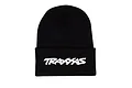 A black Traxxas branded beanie with a white embroidered Traxxas logo on the front cuff, isolated on a white background.