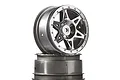 Two ARRMA RC buggy rear rims with a chrome finish stacked on a white background.