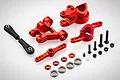 Rovan red aluminium steering and servo saver upgrade kit for RC vehicles, including metal arms, ball links, bearings, and hardware.