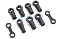 A set of nine black plastic RC rod ends and links arranged on a white background.