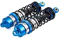 Two blue and silver aluminium RC shock absorbers with black coil springs, positioned side by side on a white background.