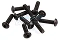 A small pile of ten black metal button head screws with hexagonal drive sockets, isolated on a white background.