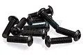 A pile of ten black metal button head screws with hex drive sockets, suitable for RC vehicle assembly.