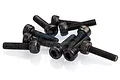 A small pile of ten black metal cap head screws with hex sockets, arranged on a white background.