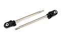 Two Traxxas GTX shock shafts with black plastic rod ends and metal pivot balls attached, isolated on a white background.