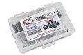 A clear plastic storage box filled with various stainless steel screws and hardware for a Traxxas Stampede 2WD RC car, labeled with RC Screwz branding.