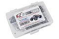 RC Screwz stainless steel screw kit for Traxxas E-Maxx TSM in a clear plastic storage box with a product label.