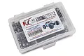 A clear plastic storage box filled with various stainless steel screws and hardware for the Axial Yeti 1/10 RC car, featuring the RC Screwz branding.