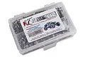 A clear plastic storage box filled with various stainless steel screws for the Axial RR10 Bomber RC car, featuring the RC Screwz branding on the label.