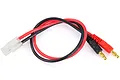 A Tamiya charging lead with 14AWG red and black silicone wires, featuring a white Tamiya connector on one end and two gold-plated 4mm banana plugs on the other.