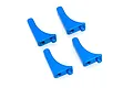 Four blue anodized aluminium battery holder clips for RC cars, arranged on a white background.