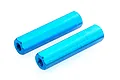Two blue anodized aluminium cylindrical standoffs with threaded holes on a white background.