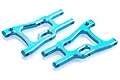 Two blue anodized aluminium rear lower suspension arms for an HSP RC car, shown from an angled perspective on a white background.