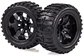 Two black off-road RC monster truck wheels with aggressive tread patterns and multi-spoke black rims, shown against a white background.