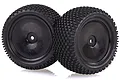 Two black RC buggy wheels with knobby tires mounted on black dish rims, shown against a white background.