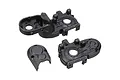 Three black plastic RC gearbox case components for the Xinlehong Challenger 9115 displayed on a white background.