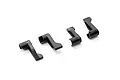 Four small black plastic battery cover locking clips for Xinlehong RC vehicles arranged on a white background.