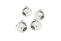 Four silver-coloured flanged nyloc nuts arranged on a white background.