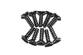 A group of ten black metal countersunk screws with coarse threads arranged in two rows against a white background.