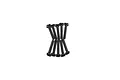 A set of ten black metal countersunk head screws with coarse threads arranged in two rows against a white background.
