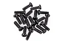 A pile of small black metal binder head screws with coarse threads, isolated on a white background.