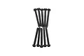 A set of ten black metal binder head screws with coarse threads arranged in two rows against a white background.
