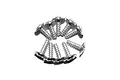A cluster of ten silver-coloured metal washer head screws with coarse threads arranged in a circular pattern against a white background.