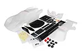 Traxxas 1/10 scale Ford GT unpainted polycarbonate body shell kit with decal sheet, plastic accessories, and mounting hardware on a white background.