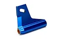 A blue anodized aluminium drive strut for an RC boat, featuring a mounting bracket and a brass bushing insert.