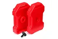 Two bright red plastic scale jerry cans for Traxxas TRX-4 RC vehicles, shown with a single black mounting screw on a white background.