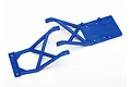 Two blue plastic Traxxas chassis skid plate components shown against a white background.