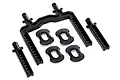 A set of black plastic Traxxas 4-Tec 2.0 front and rear body mounts and four body clips on a white background.