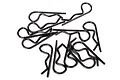 A pile of twelve black metal R-clips or body pins used for securing RC car bodies, arranged on a plain white background.