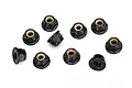 A collection of ten black steel flanged serrated nyloc nuts for RC vehicles, arranged on a white background.
