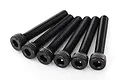 A set of six black metal cap head screws with hexagonal sockets arranged in a row against a white background.