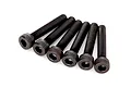 Six black metal cap head screws with hex drive sockets arranged in a row on a white background.