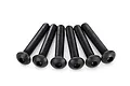 Six black button head hex screws arranged in a fan shape against a white background.