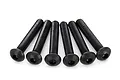 Six black metal button head screws with hex drive heads arranged in a fan shape against a white background.