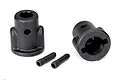 Two black plastic drive cups and two metal screw pins for Traxxas 4-Tec 2.0 RC cars, shown on a white background.