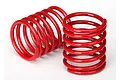 Two red coil-over shock springs for an RC car, positioned against a plain white background.