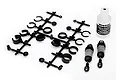 Traxxas 4-Tec 2.0 shock absorber kit including two assembled grey shocks, a plastic parts tree, and a bottle of silicone shock oil.