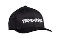 A black Traxxas Flexfit baseball cap with white embroidered Traxxas logo on the front, isolated on a white background.