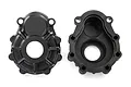 Two black plastic outer portal drive housings for Traxxas TRX-4, shown from front and back views.