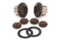 Traxxas X-Maxx metal differential gear set including two large bevel gears, four small spider gears, and two flat washers on a white background.