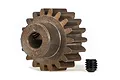 A Traxxas 18-tooth steel pinion gear with a black grub screw, isolated on a white background.