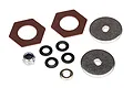 Traxxas TRX-4 slipper clutch rebuild kit components including friction discs, metal washers, spacers, and a lock nut.