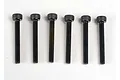Six black metal cap head screws arranged in a row against a plain white background.