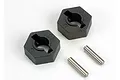 Two black plastic 12mm wheel hexes and two metal axle pins for Traxxas RC vehicles.